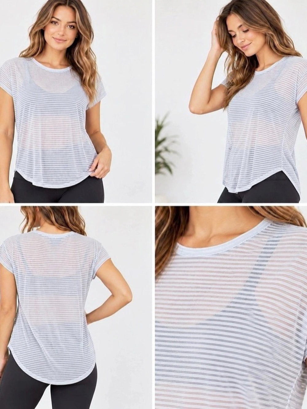 Mono B White Gray Sheer Stripe Workout Top Size Small Athletic Activewear